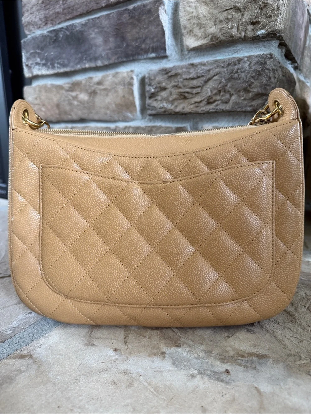 CHANEL Quilted Shoulder Bag in Camel Tan with Gold Chain